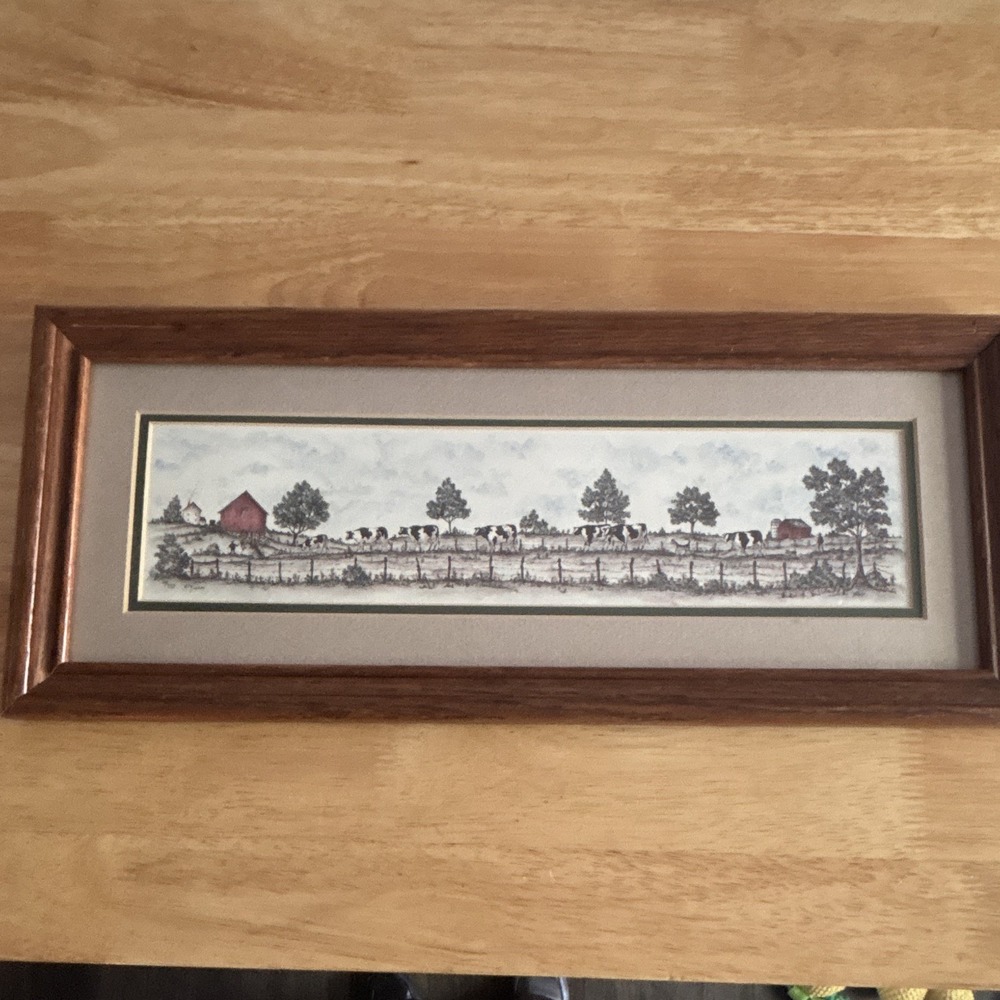 M. Frey Signed Numbered Lithograph Print Farm Cows Landscape, Matted & Framed